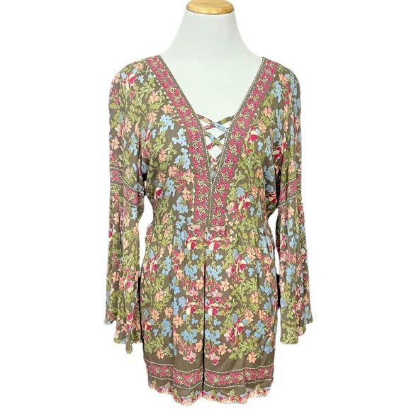 Angie Boho Mixed Floral Print Bell Sleeve Romper Green Pink M - Picture 1 of 8